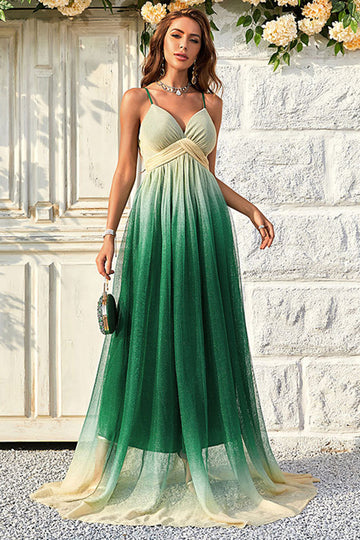 Grön Gradient Spaghetti Straps A Line Balklänning